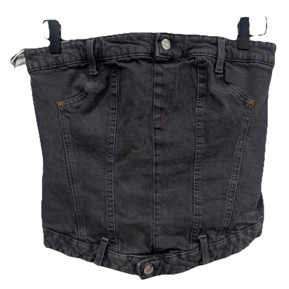 Zara Corset Style Denim Top ‎ Black Jean Top Strapless Back Zip Sz Medium M